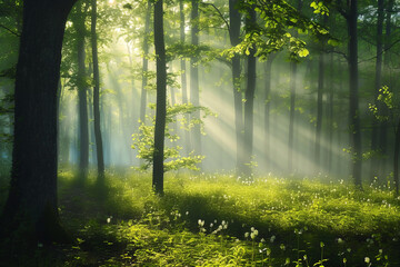 Obraz premium A beautiful green forest with mist and sunlight shining through the leaves and branches with space for text or inscriptions. Beautiful forest background 