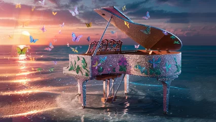 Foto auf Glas A Serene Sunset Beach: Piano & Colorful Butterflies Create an Enchanting Atmosphere of Tranquility & Peace © Sba3