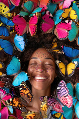 Charming woman stands surrounded by a multitude of vibrant butterflies of various colors