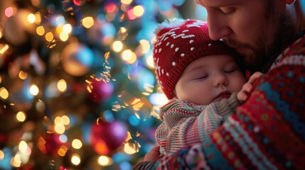 A man standing in front of a decorated Christmas tree, holding a baby in his arms
