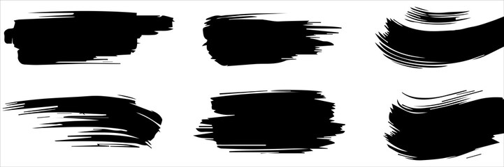 Paint brush. Black ink grunge brush strokes. Vector paintbrush set. Grunge design elements. Painted ink stripes. Creative isolated spots. Ink smudge abstract shape stains and smear