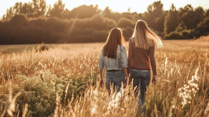 Two women walking together through a field filled with tall grass, surrounded by a natural landscape