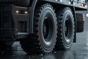 Large wheels for trucks with semi-trailers, rubber tires, new wheels, close up
