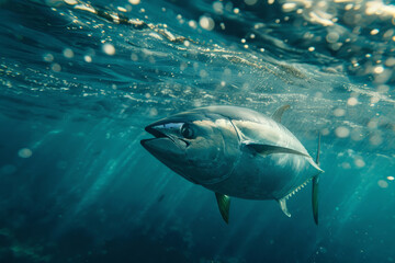 Tuna swimming underwater in the sea or ocean

