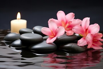 Spa concept with candle, water, and flowers