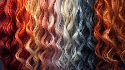 The Hair Color Palette. Hair Texture Background. Set of Hair Colors. Tints. Samples of Dyed Hair Colors. - obrazy, fototapety, plakaty