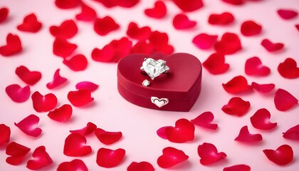 Elegant wedding diamond ring in red heart jewelry box on beautiful pink rose petal background, photo