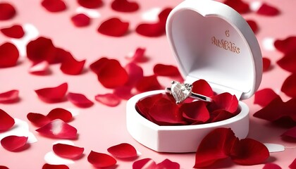 Elegant wedding diamond ring in red heart jewelry box on beautiful pink rose petal background, photo