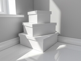 stack of three white boxes of different sizes placed in a corner, illuminated by natural light, creating shadows and emphasizing the simplicity and elegance of the scene