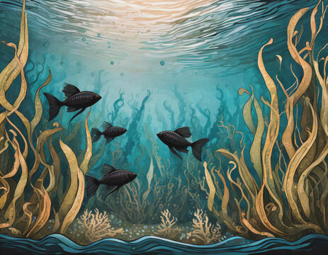 Black Molly Fish with Seaweed in Aquarium Illustration Ai
