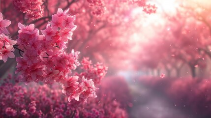 Pink blossom border or background art. Beautiful nature scene with blooming tree in a sunny day. Spring flowers. Beautiful Orchard Abstract blurred background. Springtime.
