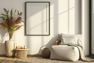 Fototapeta na wymiar Mockup of an empty photo frame on the wall in a modern beige interior 