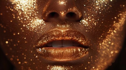 Woman with golden skin face portrait closeup. Model in gold glitter professional makeup. Gold jewellery, jewelry and accessories. Beauty body, lips and skin covered with gold metallic.