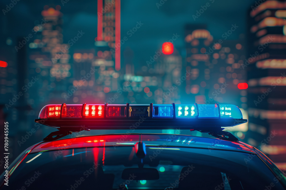 Wall mural blue and red light flashing on top of a police car against the background of a night city with space