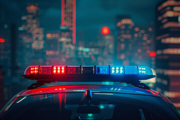 Blue and red light flashing on top of a police car against the background of a night city with space for text or inscriptions, front view
