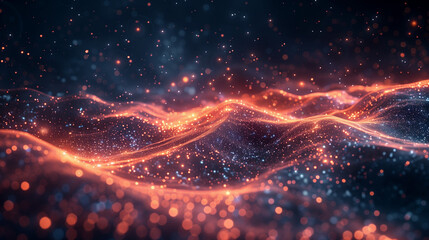 A computer generated image of a blue and orange wave with a lot of sparkles