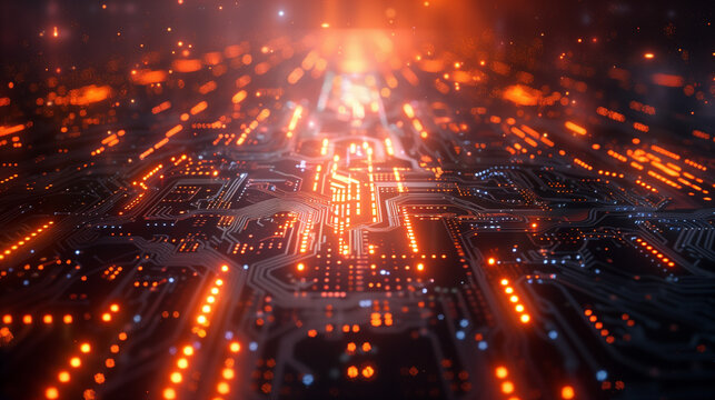 A computer chip is lit up with orange lights