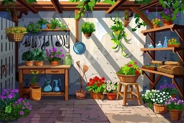 Fototapeta na wymiar This vibrant illustration captures the peace of a garden shed, perfect for content on gardening, leisure, and the simple joys of life.