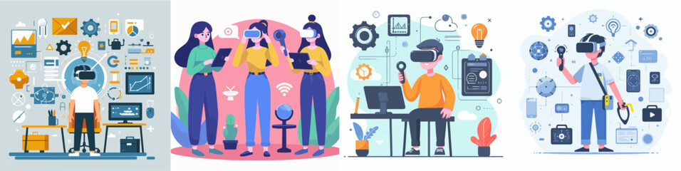 illustration of person wearing virtual reality glasses, interacting and creating a virtual world. Concept of future innovations.