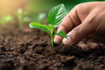 A gardener's hands plant a young sapling in fertile soil, an act that symbolizes care for the environment and a commitment to reforestation.