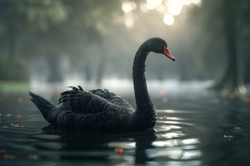 Black swan close up on the water in the park with trees in the background with space for text or inscriptions, rare dark swan
