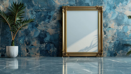 vintage golden frame with plant decor on distressed blue wall mockup