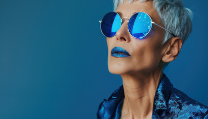 stylish senior woman with blue hair and matching lipstick - obrazy, fototapety, plakaty