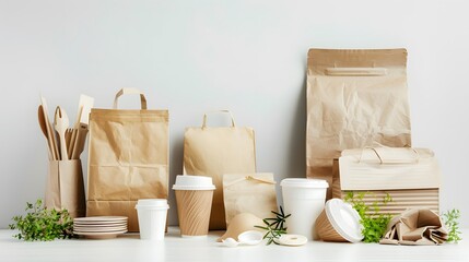 Group shot of biodegradable and recyclable food packaging on white background, paper plates, cups,...