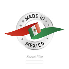 Made in Mexico. Mexico flag ribbon with circle silver ring seal stamp icon. Mexico sign label vector isolated on white background