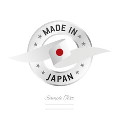 Made in Japan. Japan flag ribbon with circle silver ring seal stamp icon. Japan sign label vector isolated on white background