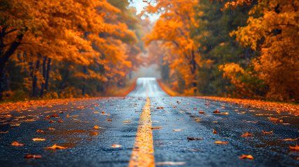 Autumn landscape background of a long tree tunnel road, Generative Ai