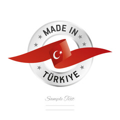 Made in Türkiye. Türkiye flag ribbon with circle silver ring seal stamp icon. Türkiye sign label vector isolated on white background