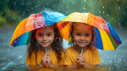 young family are enjoying rainfall. Walk in the autumn sunny park. - obrazy, fototapety, plakaty
