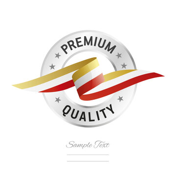 Premium quality. Golden white red quality seal stamp icon with ribbon and circle silver ring. Premium quality sign label vector isolated on white background