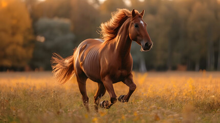 A majestic mustang mare gallops through a lush field of tall grass, her liver and sorrel coat shining in the warm sunlight as she stands proudly amidst the trees, showcasing her strong mane and stall - obrazy, fototapety, plakaty