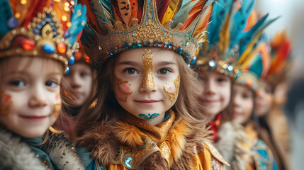 Beautiful Brazilian Samba carnival dancers wearing colorful feathers costume. Street parade in...