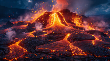 Dramatic scene of a volcanic eruption with vibrant lava flows and explosive splashes under a night sky.