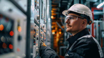Focused technician in hard hat and safety goggles inspecting and monitoring electrical equipment in an industrial setting.