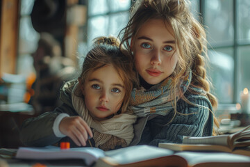 A mother helping her child with homework, patiently explaining difficult concepts and offering encouragement. Concept of maternal education and academic support. Generative Ai.