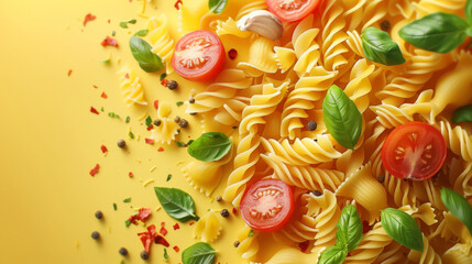 Fototapeta na wymiar Brightly colored fusilli pasta with cherry tomatoes, basil leaves, and spices on a yellow background.