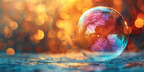 Frozen bubble with a tree reflection on a frosty surface, amidst warm bokeh lights, perfect for winter themes.