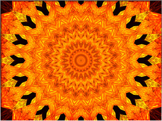 Abstract, Vibrant orange and yellow hues dominate the kaleidoscopic pattern, creating a mesmerizing mandala-like design, within a border
