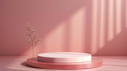 Elegant minimalistic pink podium with a delicate plant shadow for showcasing products, with a soft lighting ambiance.