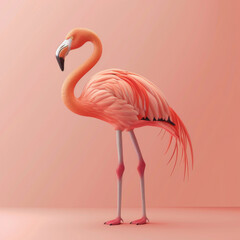 Realistic digital illustration of a pink flamingo standing gracefully, with detailed feathers on a matching pink background.