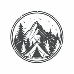 A black and white emblem featuring a mountain peak, a crescent moon, stars, pine trees, and a tent, all enclosed within a circular, minimalistic line art frame.