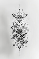Projekt tatuażu w stylu dotwork, ćma i kwiaty w stylu graficznym