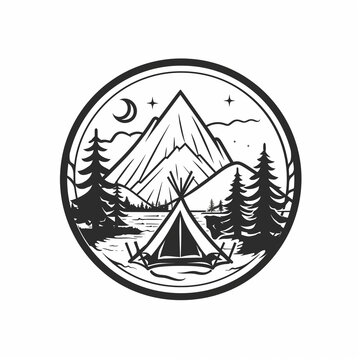 recommend clip art: A black and white emblem featuring a mountain peak, a crescent moon, stars, pine trees, and a tent, all enclosed within a circular, minimalistic line art frame.