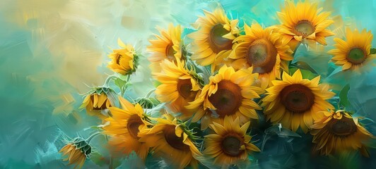 Bouquet of sunflowers painted in oil paints