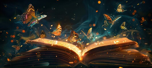 Fairytale mystical open book with butterflies and golden sparkles wide banner
