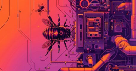 line illustration of new technology, with a small bee in it, background is purple